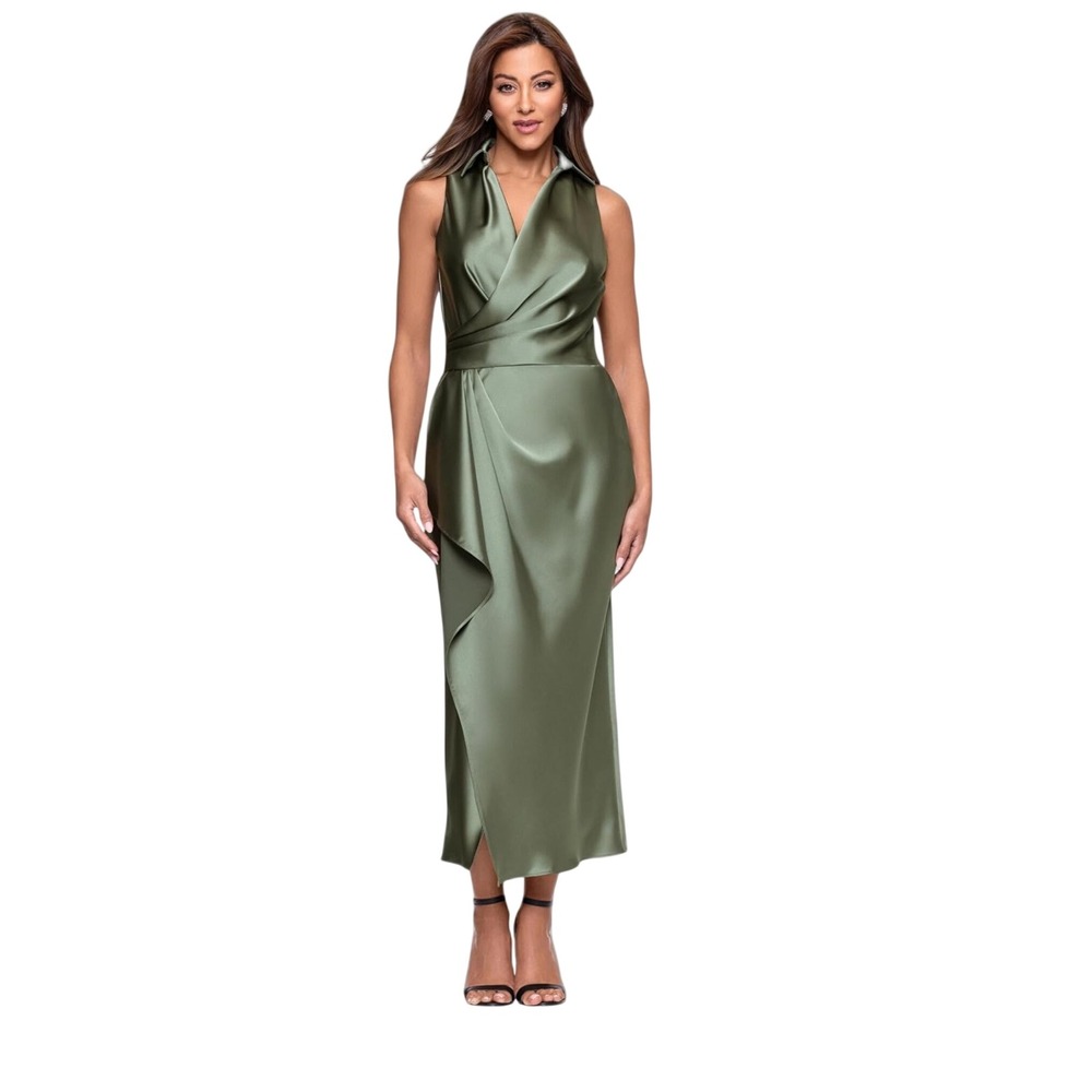 XSCAPE Faux Wrap Midi Dress Womens 8 New Olive Green Satin Collared MSRP $259